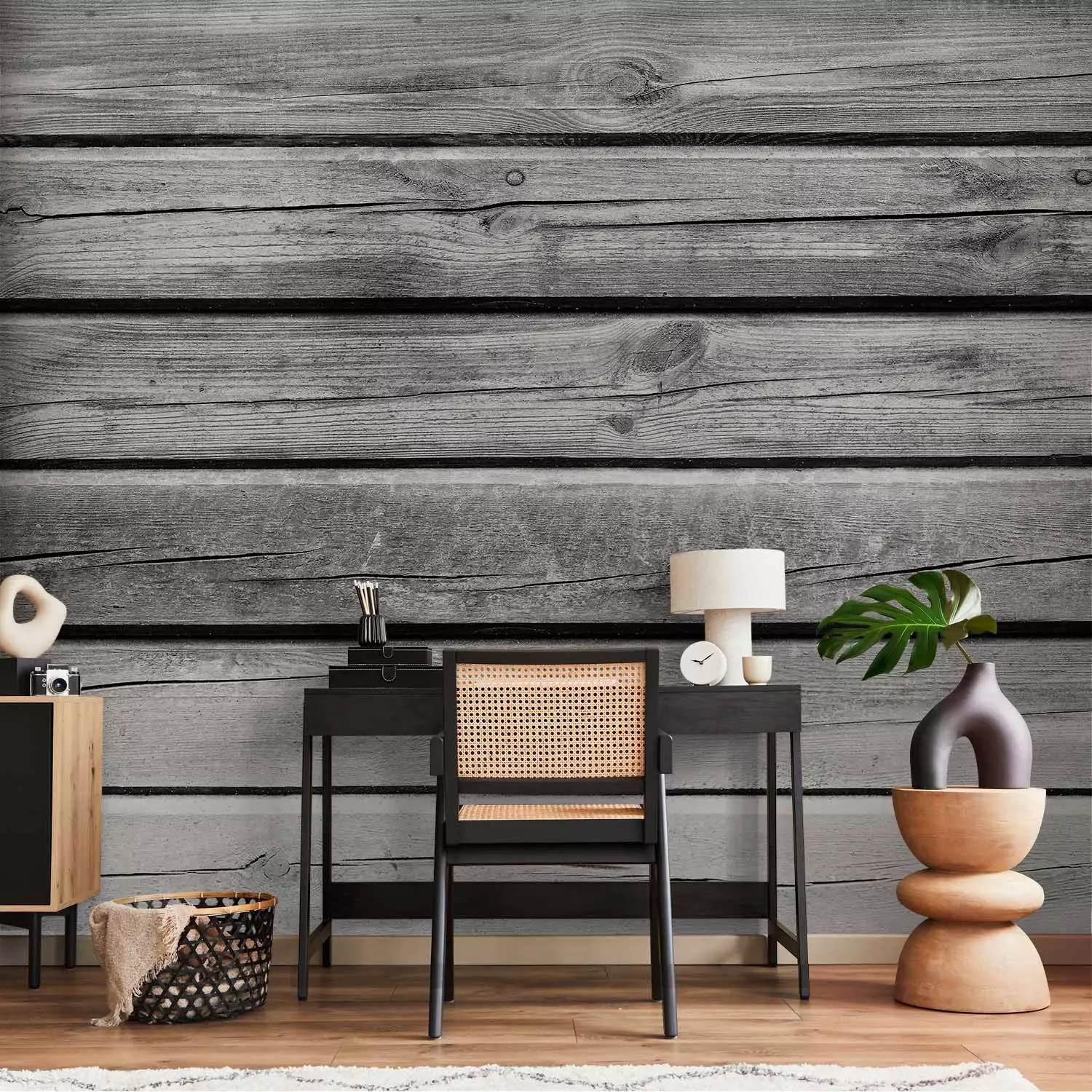 Photo Wallpaper Grey villa - background with texture of regular planks of raw wood