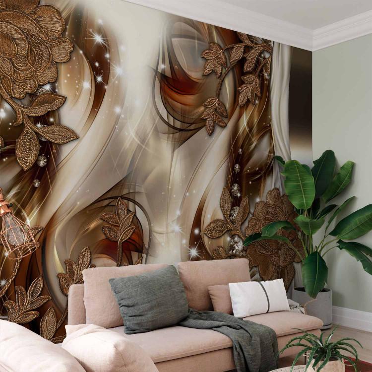 Wall Mural Abstract - motif of golden roses on a background of fancy waves full of sparkle