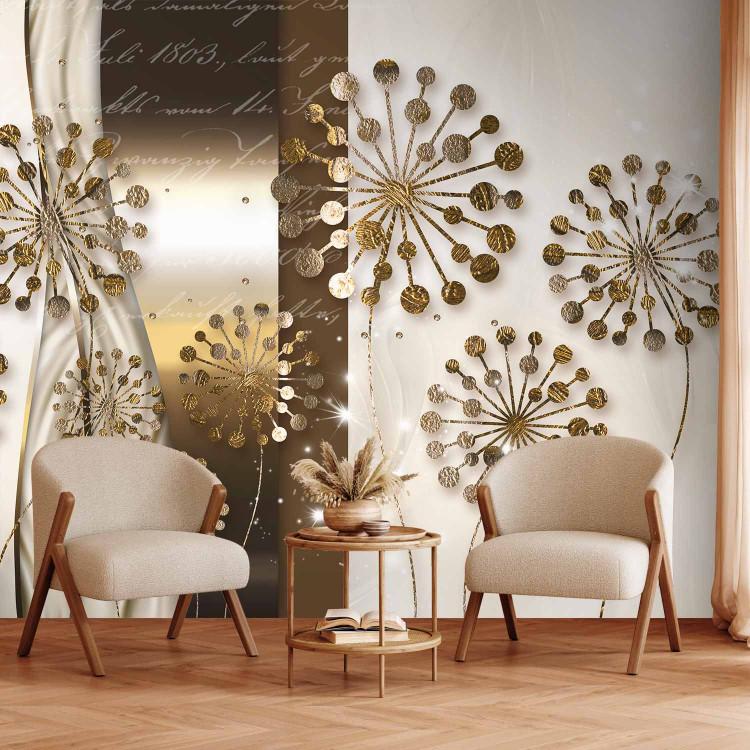 Wall Mural Golden abstraction - flowers with a flash effect on a background with white text