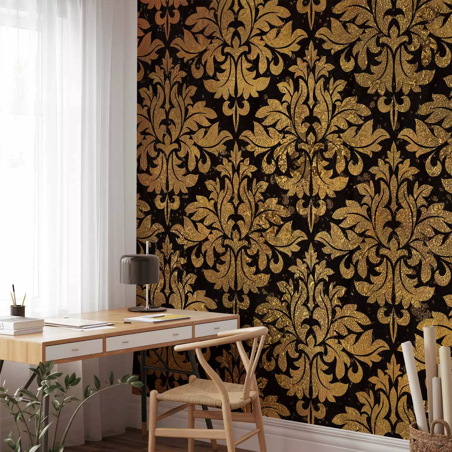 Photo Wallpaper Golden baroque - black background with regular gold ornaments