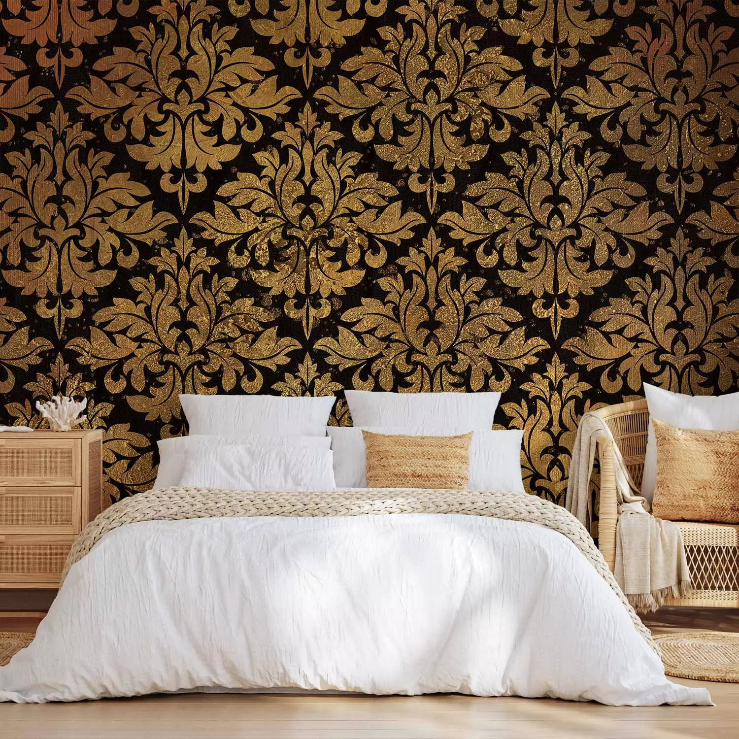 Photo Wallpaper Golden baroque - black background with regular gold ornaments