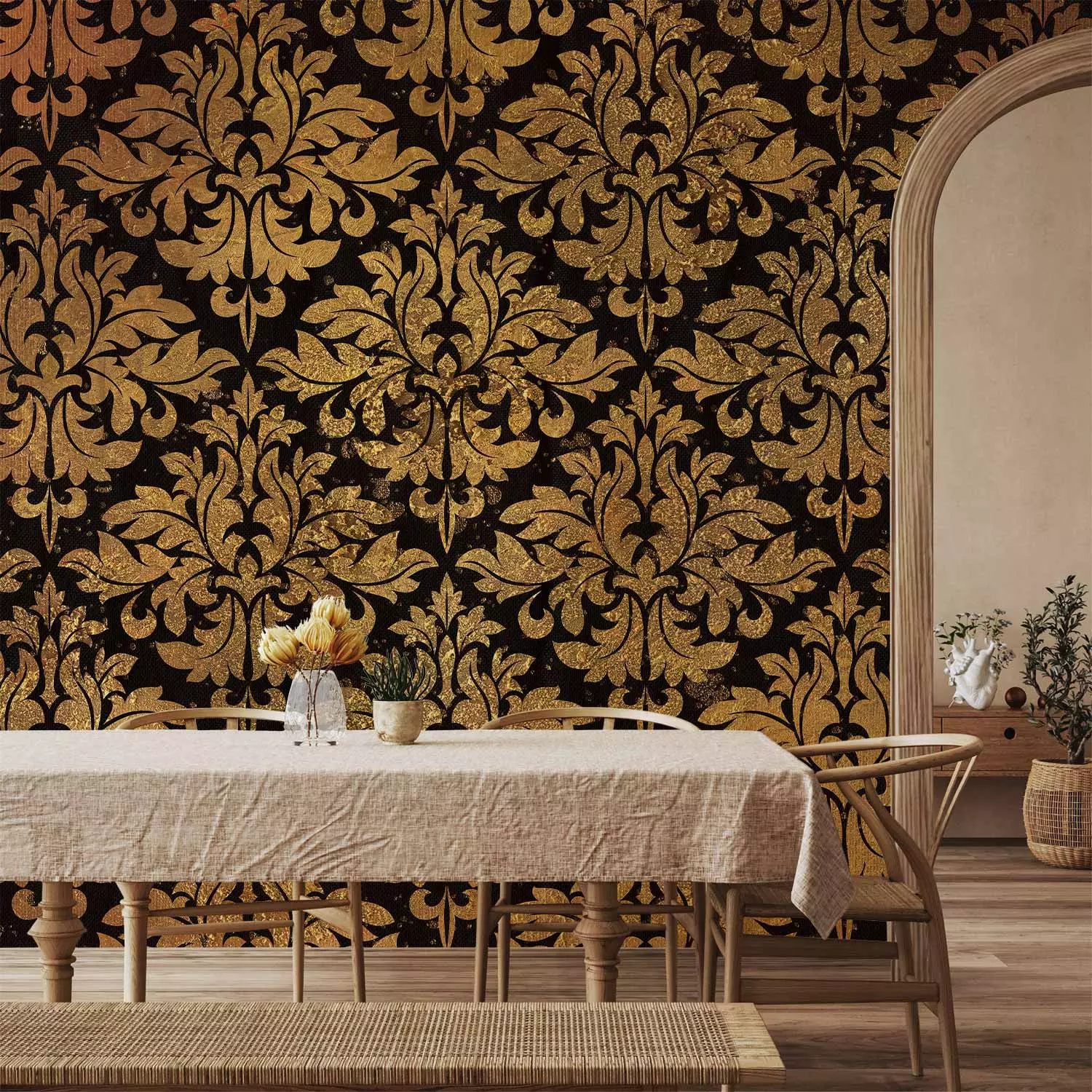 Photo Wallpaper Golden baroque - black background with regular gold ornaments