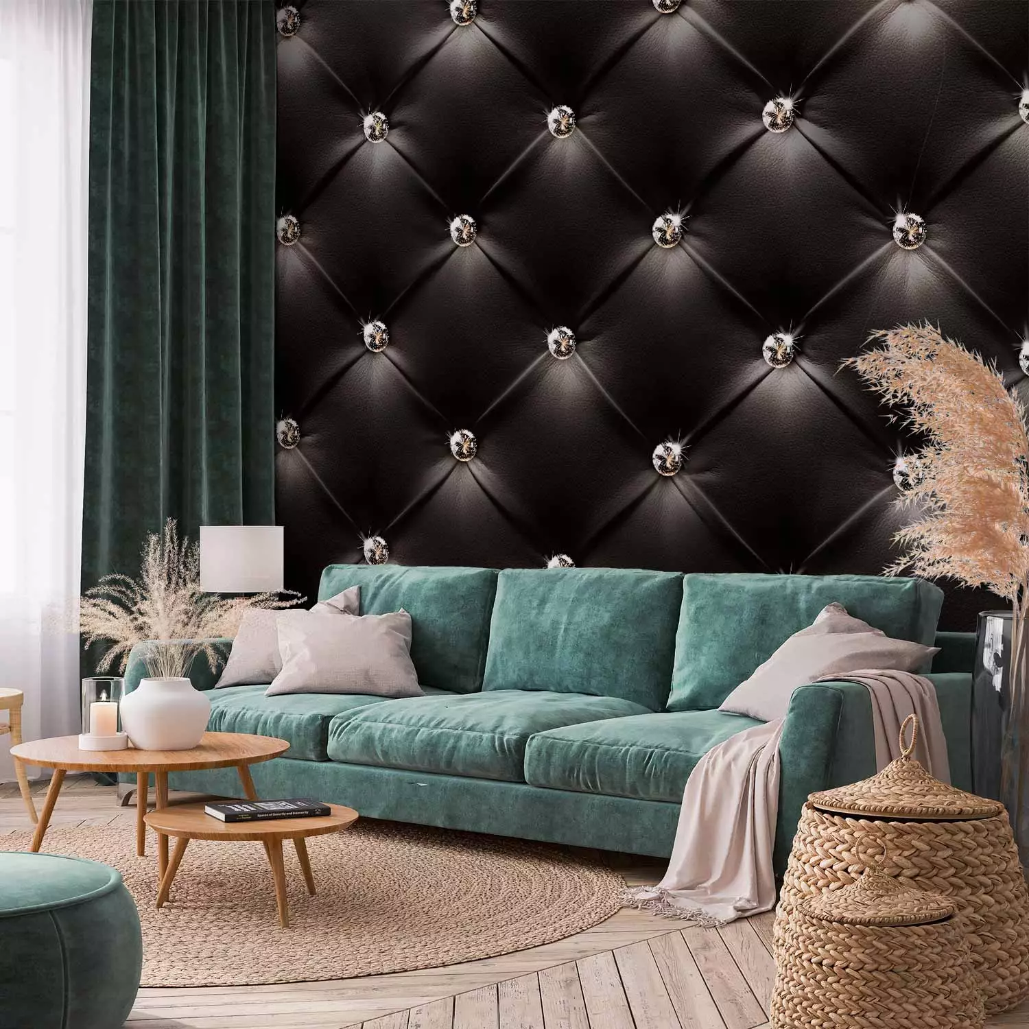 Wall Mural Empire of style - black textured background of leather fabric with quilting