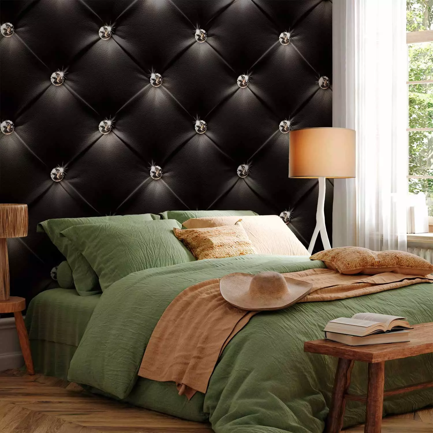 Wall Mural Empire of style - black textured background of leather fabric with quilting