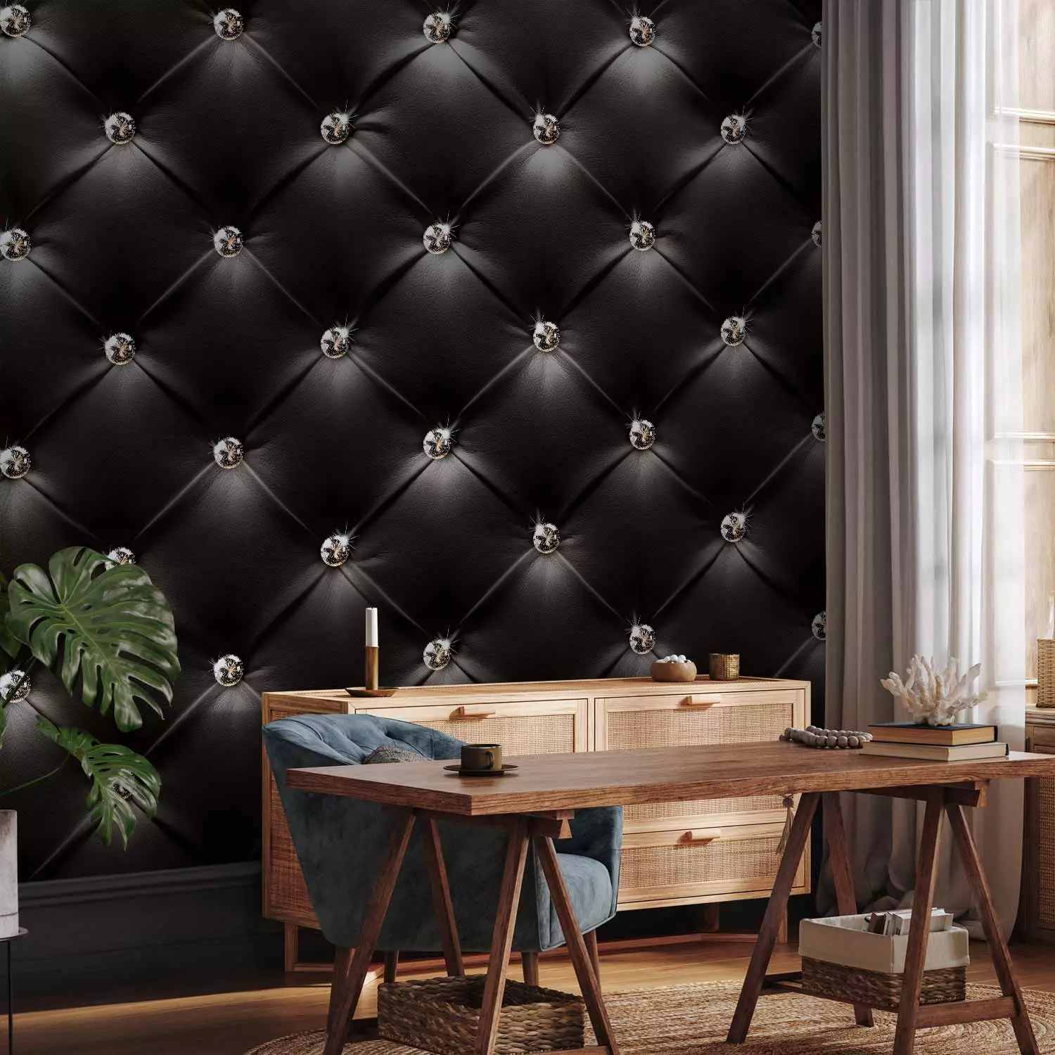 Wall Mural Empire of style - black textured background of leather fabric with quilting