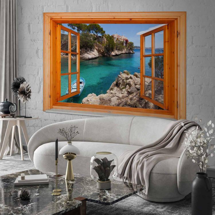 Wall Mural View from the window - seascape and islands in a raw wood frame