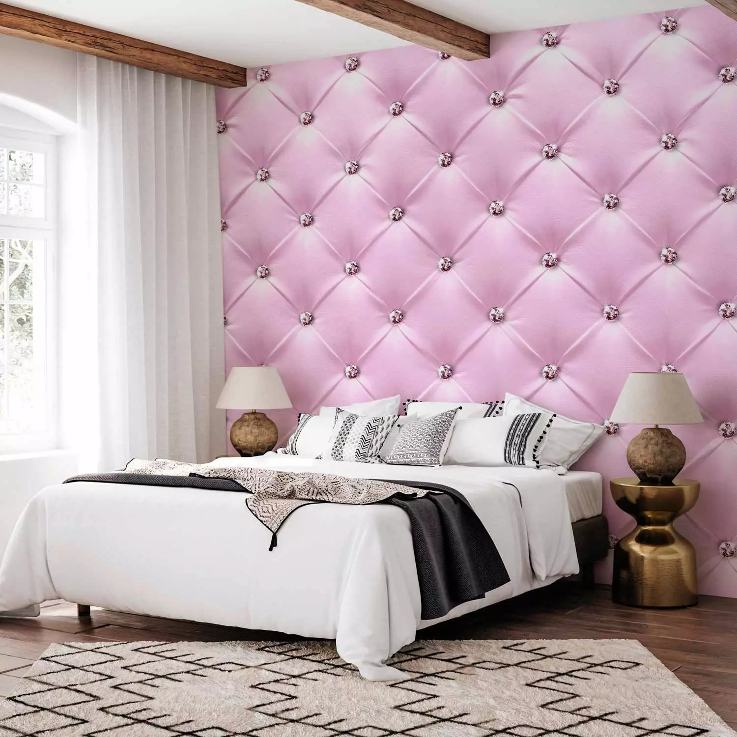 Wall Mural Pink lady - textured pink leather background with quilting and diamonds