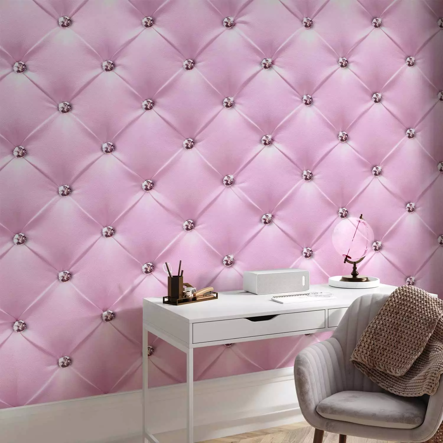 Wall Mural Pink lady - textured pink leather background with quilting and diamonds