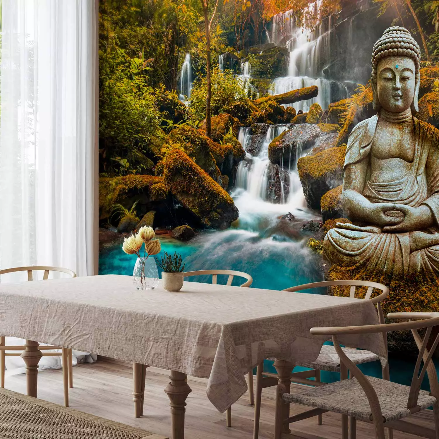 Wall Mural Orient: Orient - Landscape with Buddha Sculpture On A Background of A Waterfall and Exotic Forest, image size:1500x1500