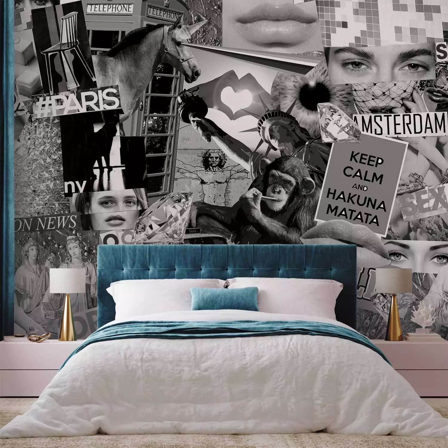 Wall Mural Street art - black and white collage with captions in English and characters