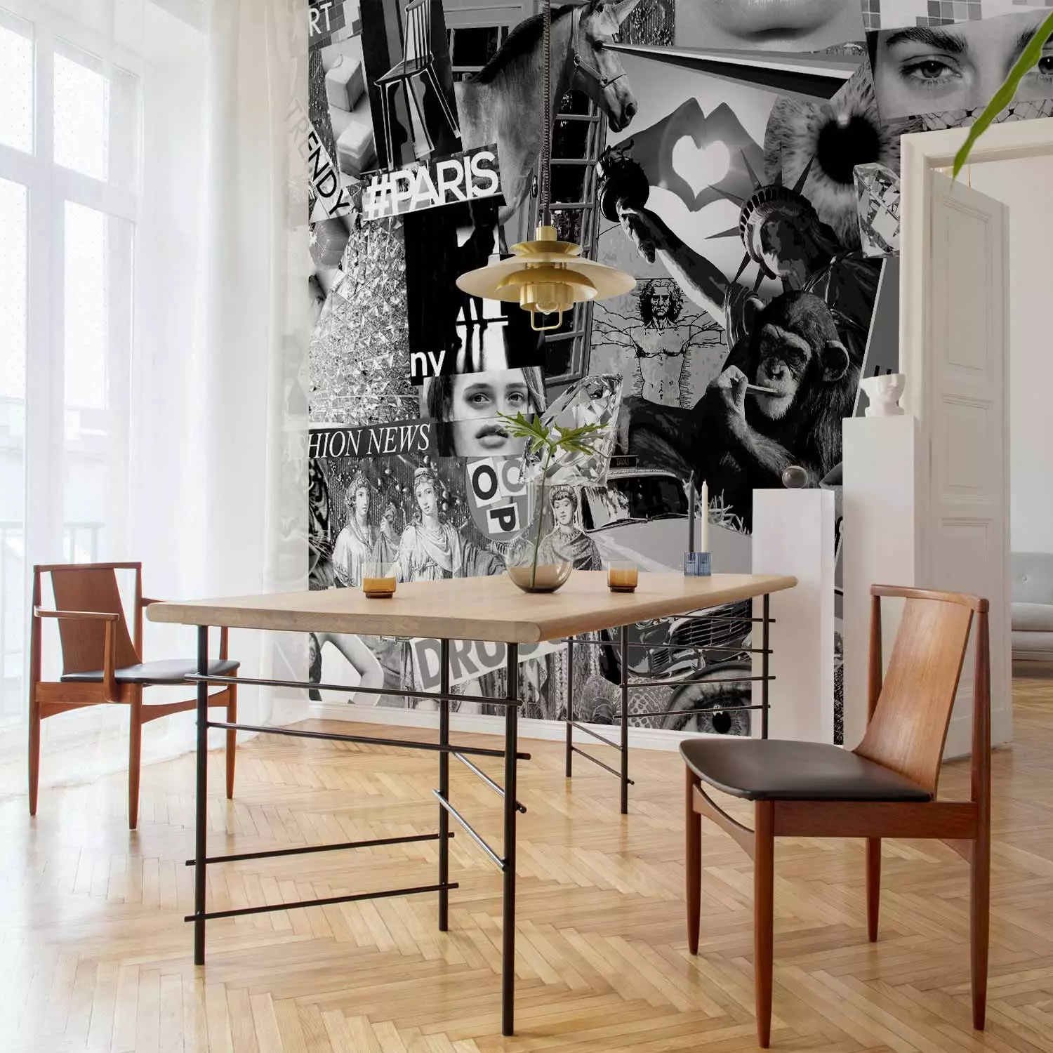 Wall Mural Street art - black and white collage with captions in English and characters