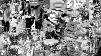 Wall Mural Street art - black and white collage with captions in English and characters Wallpaper Cropper