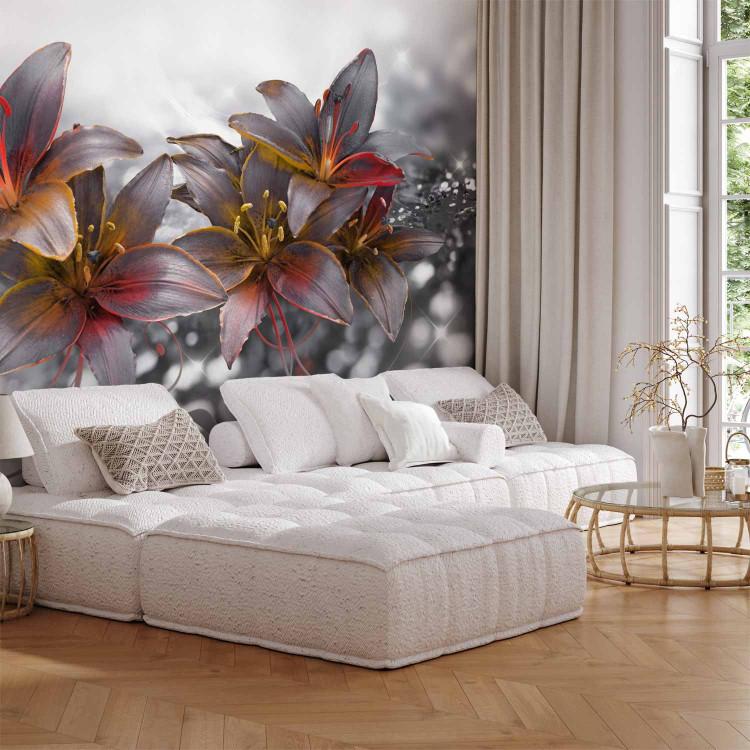 Wall Mural Flowers - black and white lilies with colouring in orange tones
