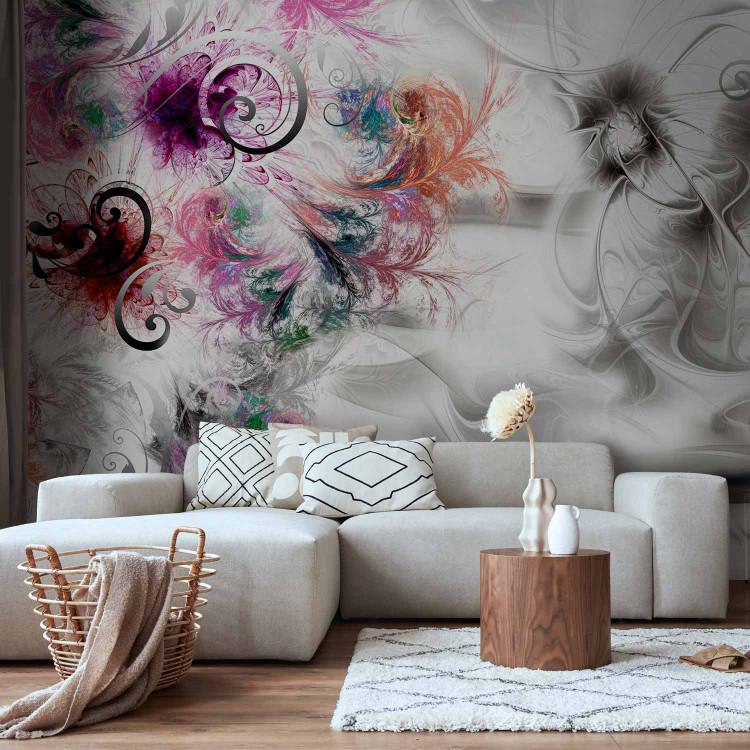 Wall Mural Abstraction - colourful ornaments on a fancy background with feather motif
