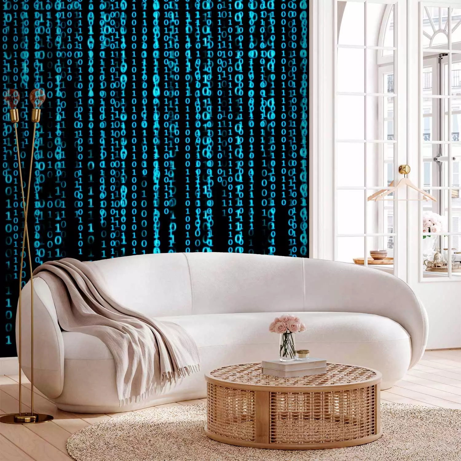 Wall Mural Blue digital rain - binary code of a number on black matrix background