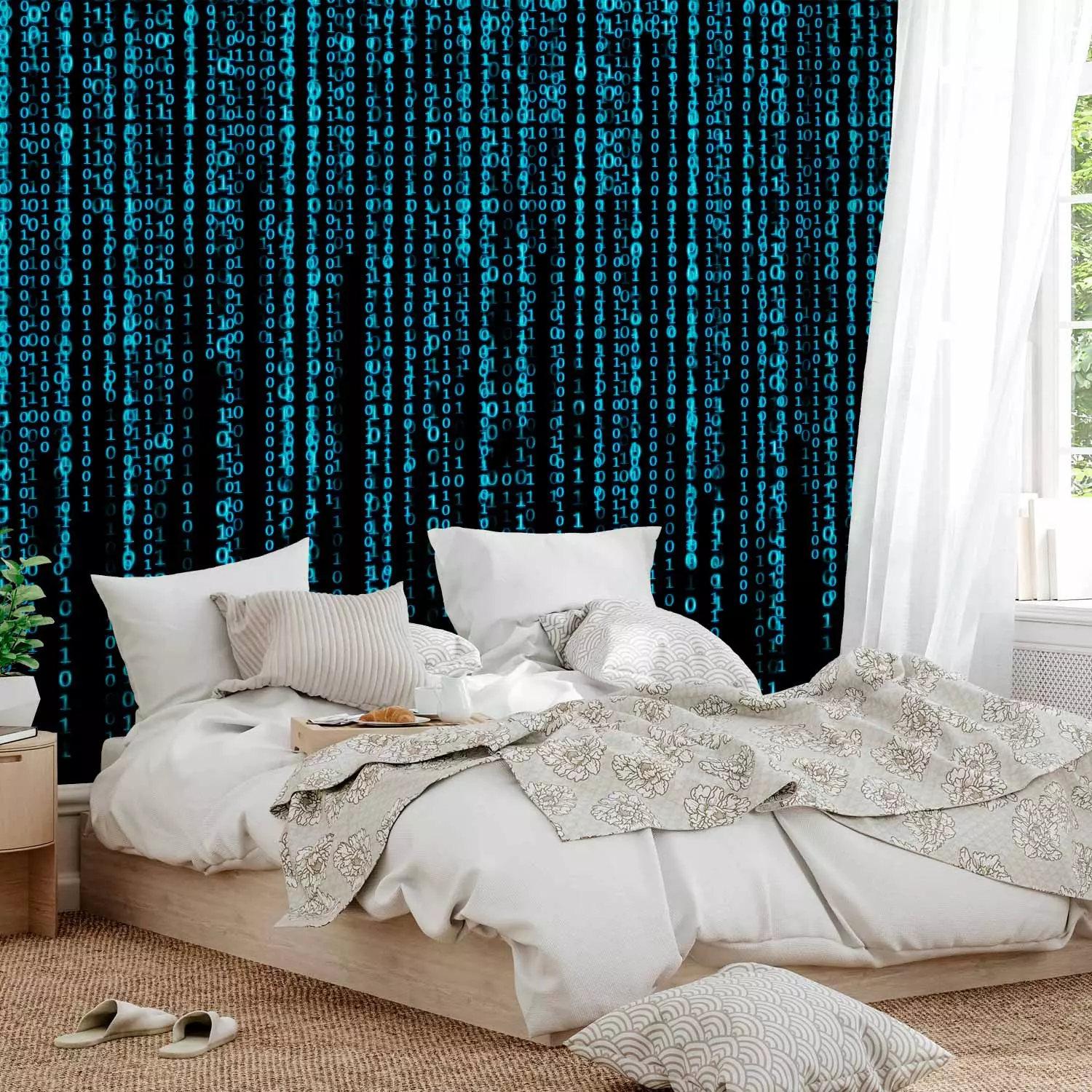 Wall Mural Blue digital rain - binary code of a number on black matrix background