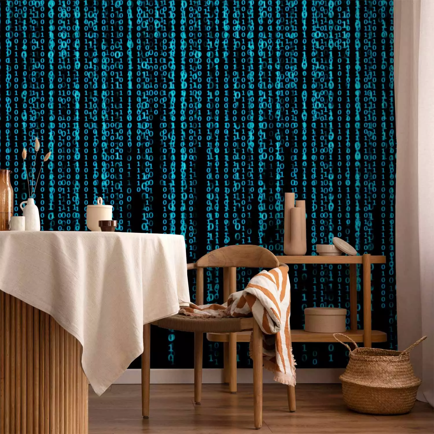 Wall Mural Blue digital rain - binary code of a number on black matrix background