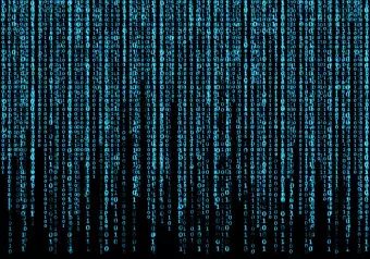 Wall Mural Blue digital rain - binary code of a number on black matrix background Wallpaper Cropper