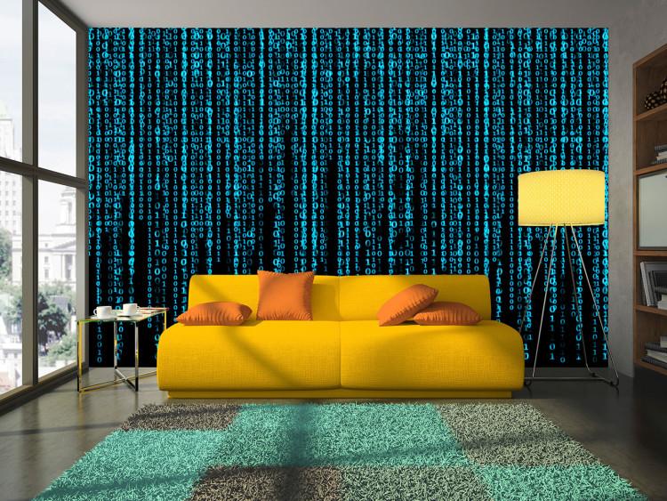 Wall Mural Blue digital rain - binary code of a number on black matrix background