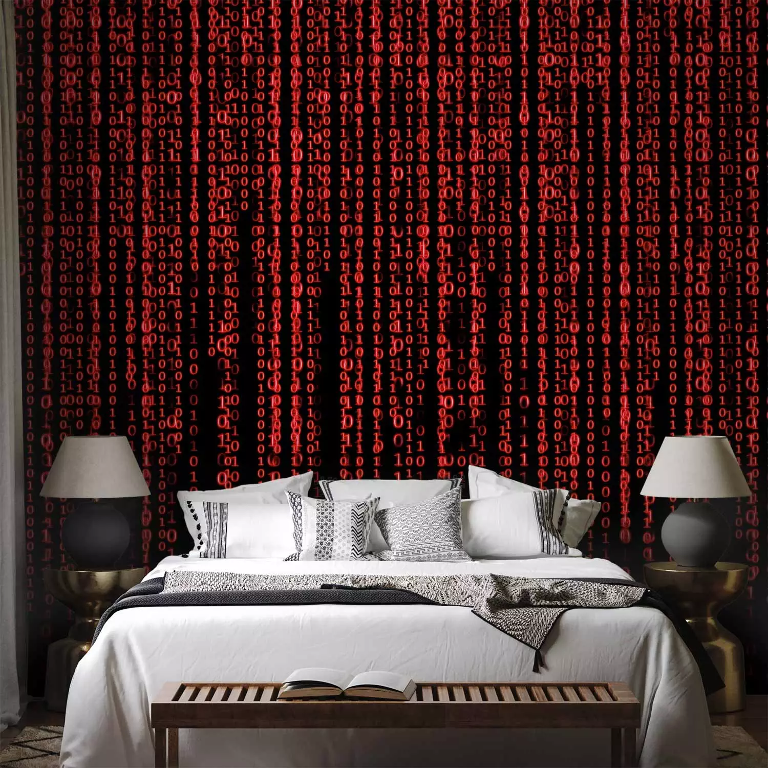 Wall Mural Red digital rain - matrix movie theme of numbers on black background