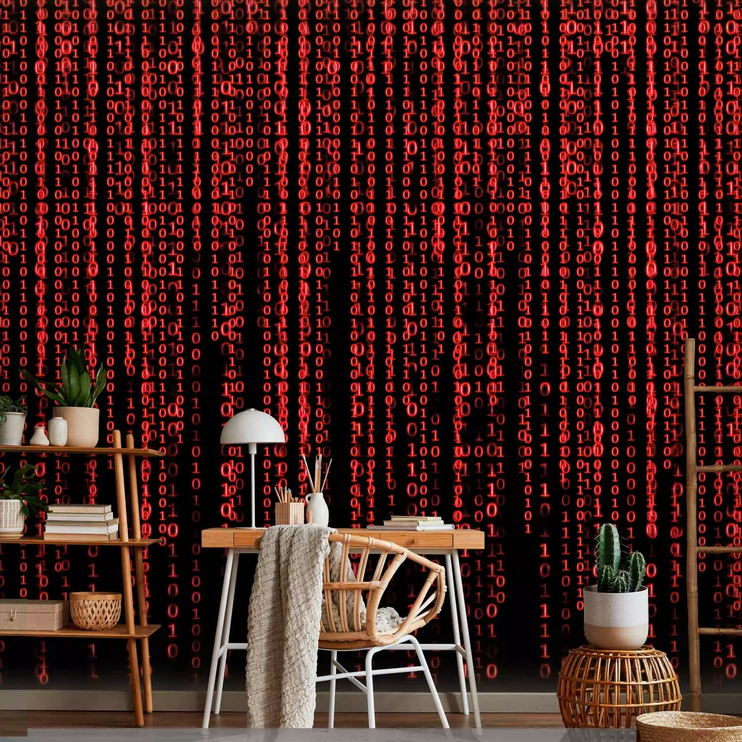 Wall Mural Red digital rain - matrix movie theme of numbers on black background