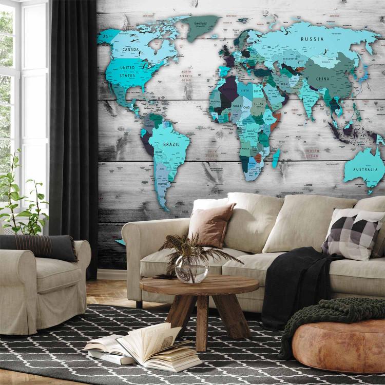 Wall Mural World in blue - world map in blue colours on wood