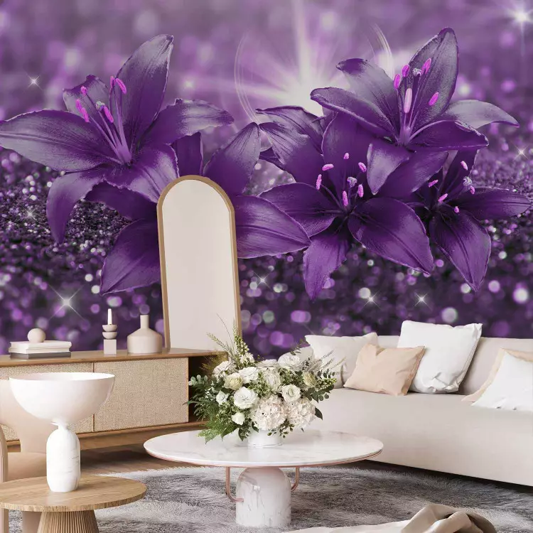 Photo Wallpaper Gems of nature - lily flowers in a purple ...