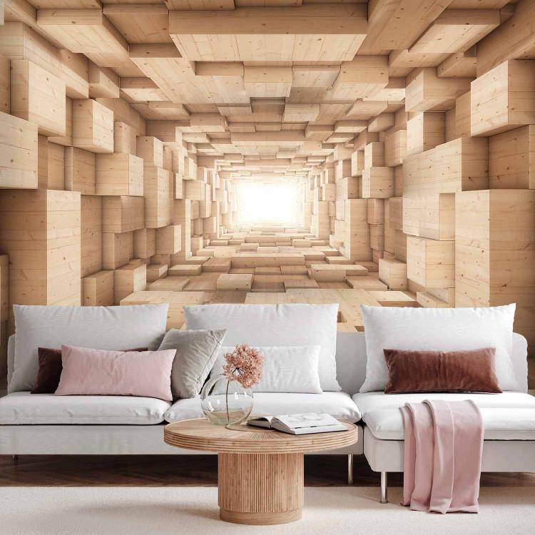 Wall Mural Tunnel with light - abstract space with wooden blocks