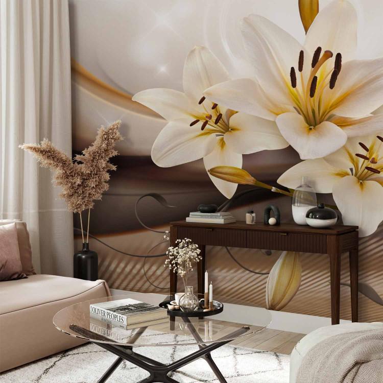 Wall Mural Abstraction with glamour - lilies with ornaments on a background with a wave pattern