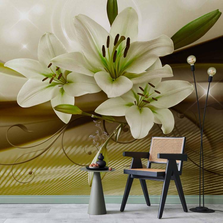 Wall Mural Green abstraction with background - lilies with wavy patterns and sparkle