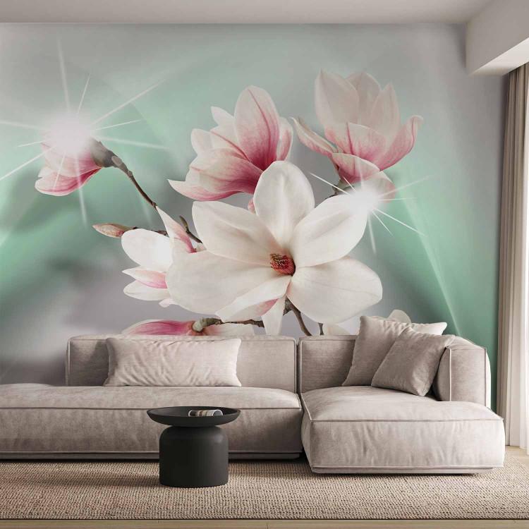 Wall Mural Flowers on a background of celadon mist - white magnolia branch with sparkle