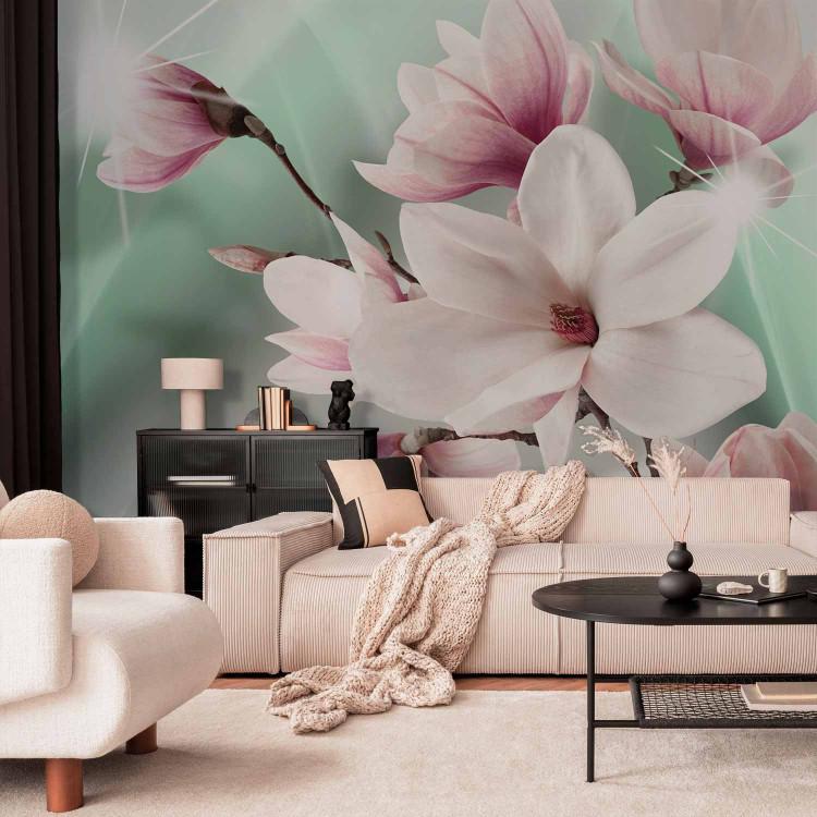 Wall Mural Magnolias and celadon rainbow - pink flowers on background with glow effect