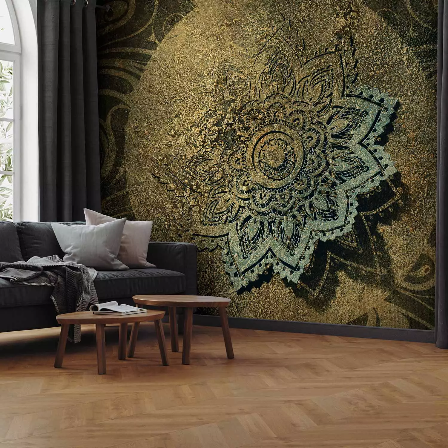 Wall Mural Golden treasure - oriental motif with mandala on black background with golden ornaments