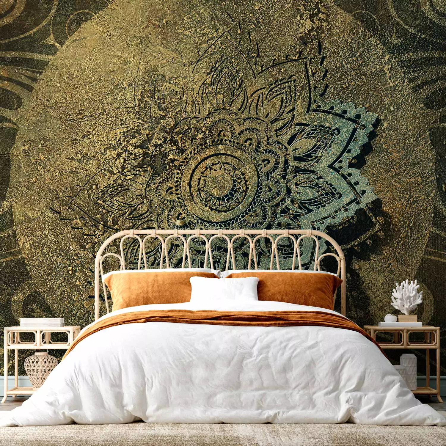 Wall Mural Golden treasure - oriental motif with mandala on black background with golden ornaments