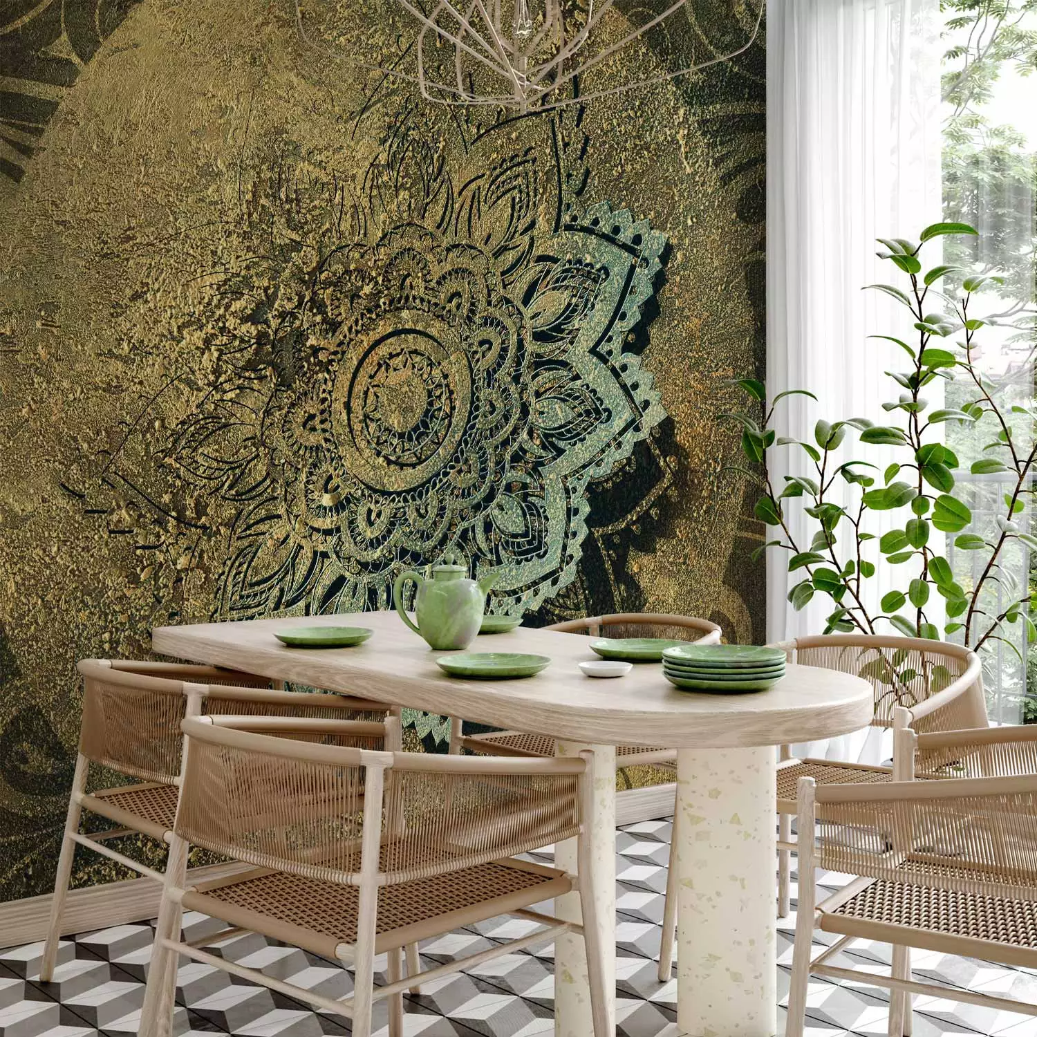 Wall Mural Golden treasure - oriental motif with mandala on black background with golden ornaments