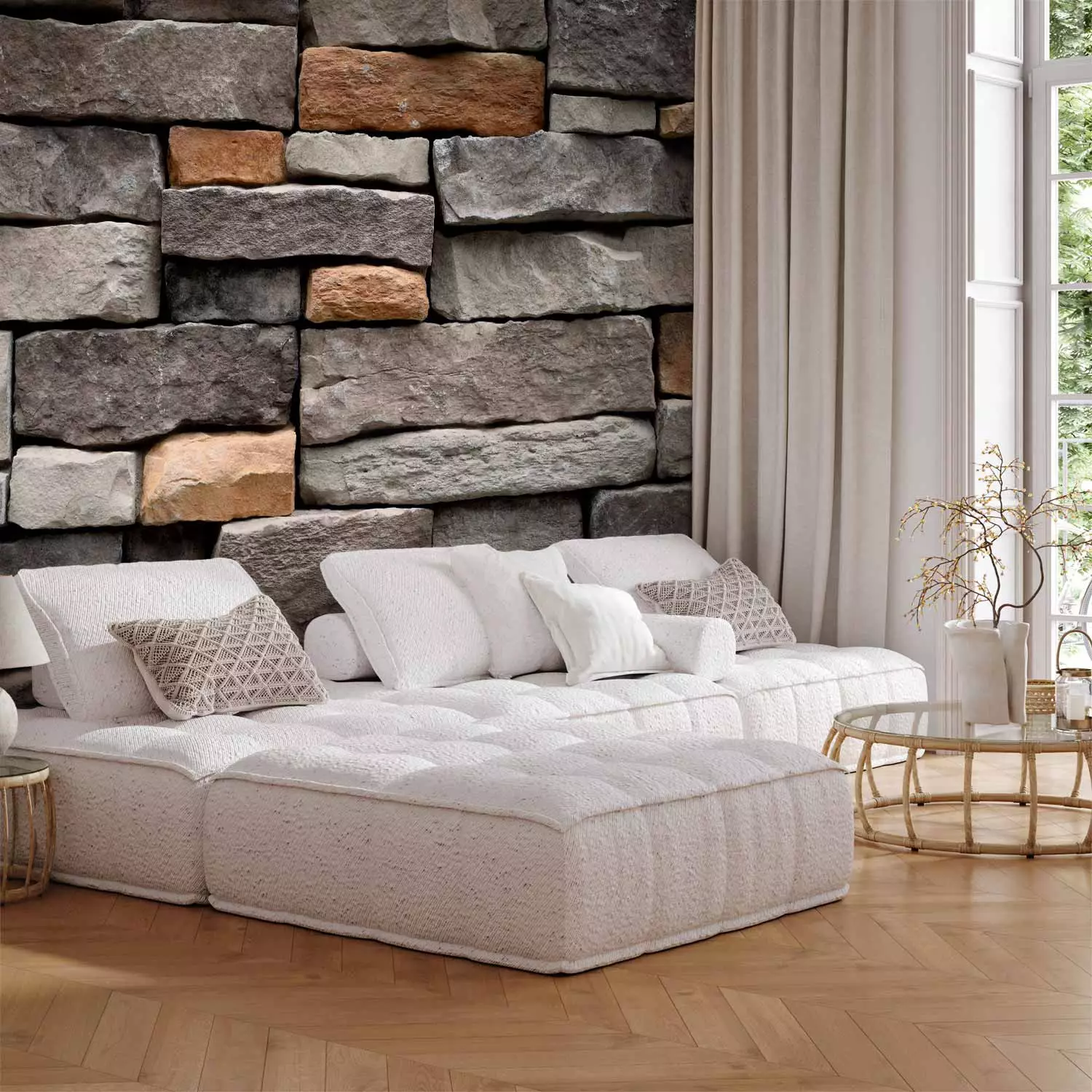 Photo Wallpaper Stone fortress - textured grey and brown stone blocks