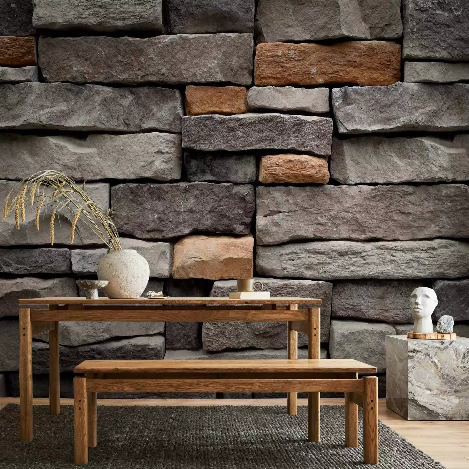Photo Wallpaper Stone fortress - textured grey and brown stone blocks