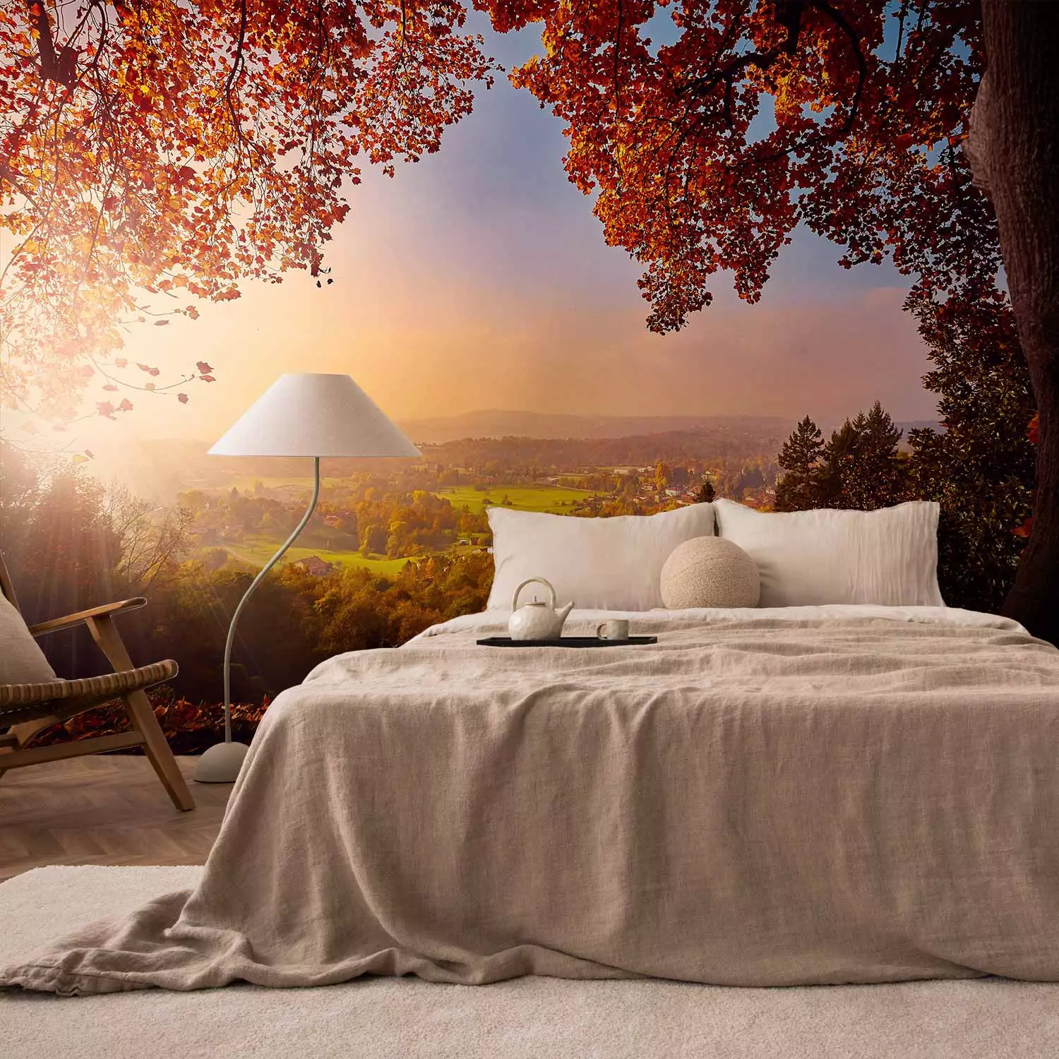 Wall Mural Autumn delight - sunny landscape with countryside surrounded by trees and fields