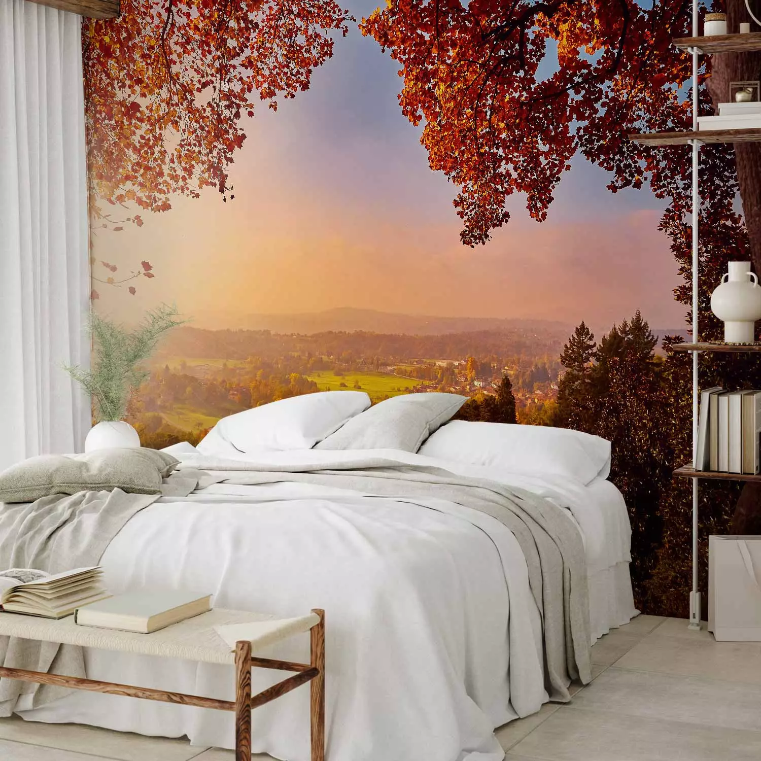 Wall Mural Autumn delight - sunny landscape with countryside surrounded by trees and fields