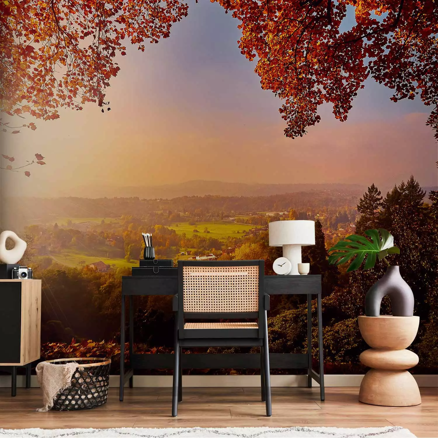 Wall Mural Autumn delight - sunny landscape with countryside surrounded by trees and fields