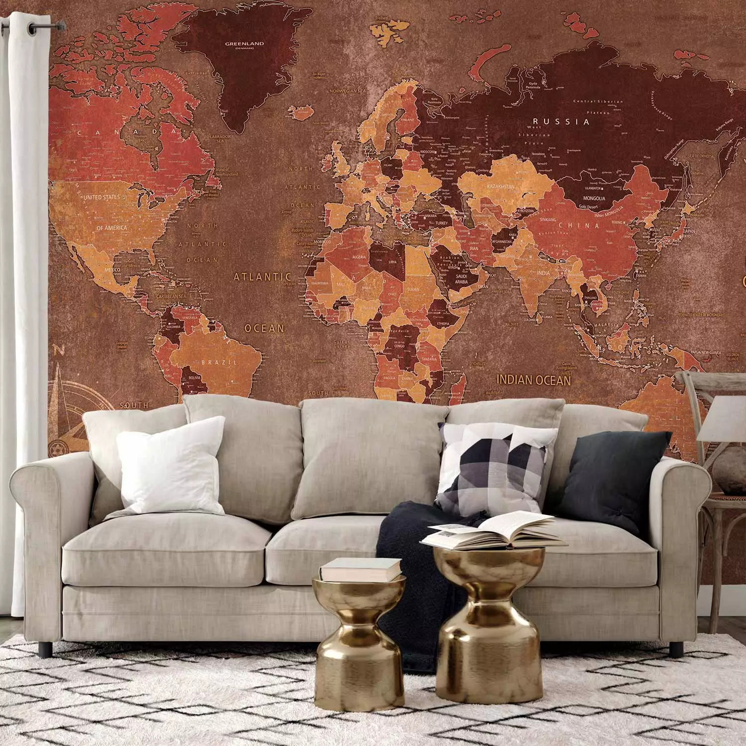 Photo Wallpaper World in brown - map of the continents on a non-uniform background with a compass