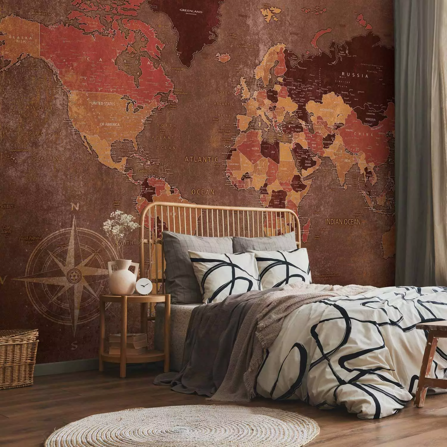 Photo Wallpaper World in brown - map of the continents on a non-uniform background with a compass