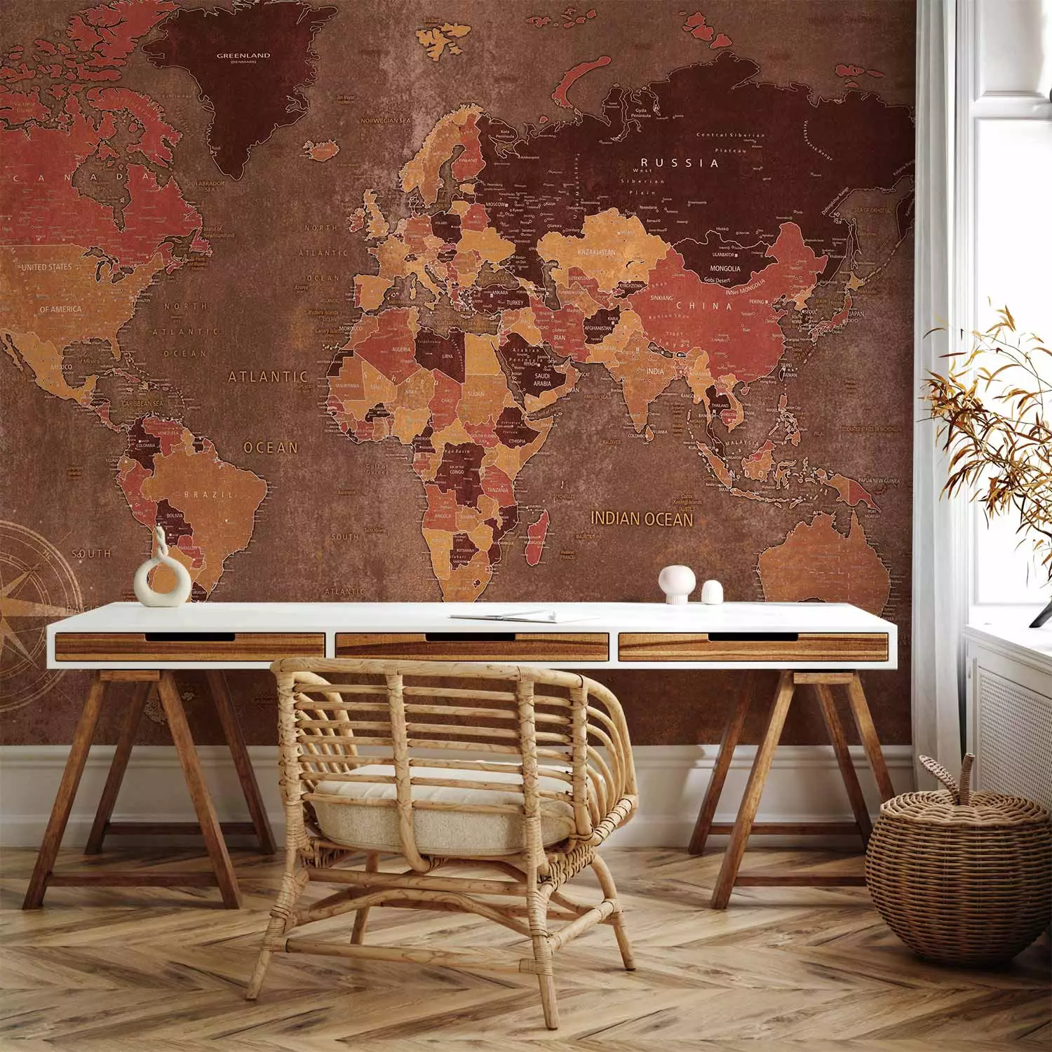 Photo Wallpaper World in brown - map of the continents on a non-uniform background with a compass