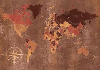 Photo Wallpaper World in brown - map of the continents on a non-uniform background with a compass Wallpaper Cropper