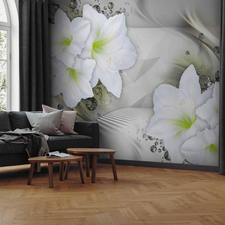 Wall Mural Floral motif - yellow-white lilies on fancy background