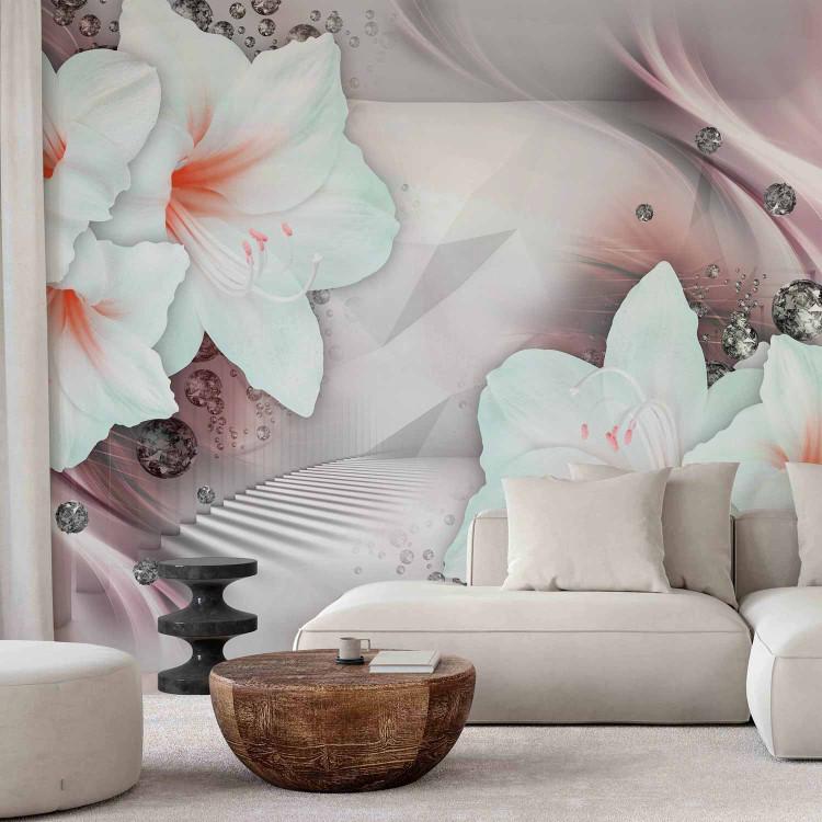 Wall Mural Pink abstraction - white lilies on fancy background with diamonds