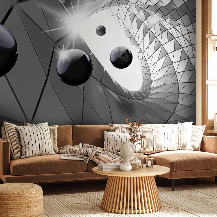 Wall Mural Grey illusion - modern abstraction with 3D effect and black balls