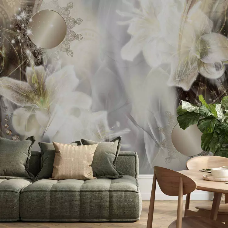 Wall Mural Old gold abstraction - lilies with ornaments and sparkle of diamonds
