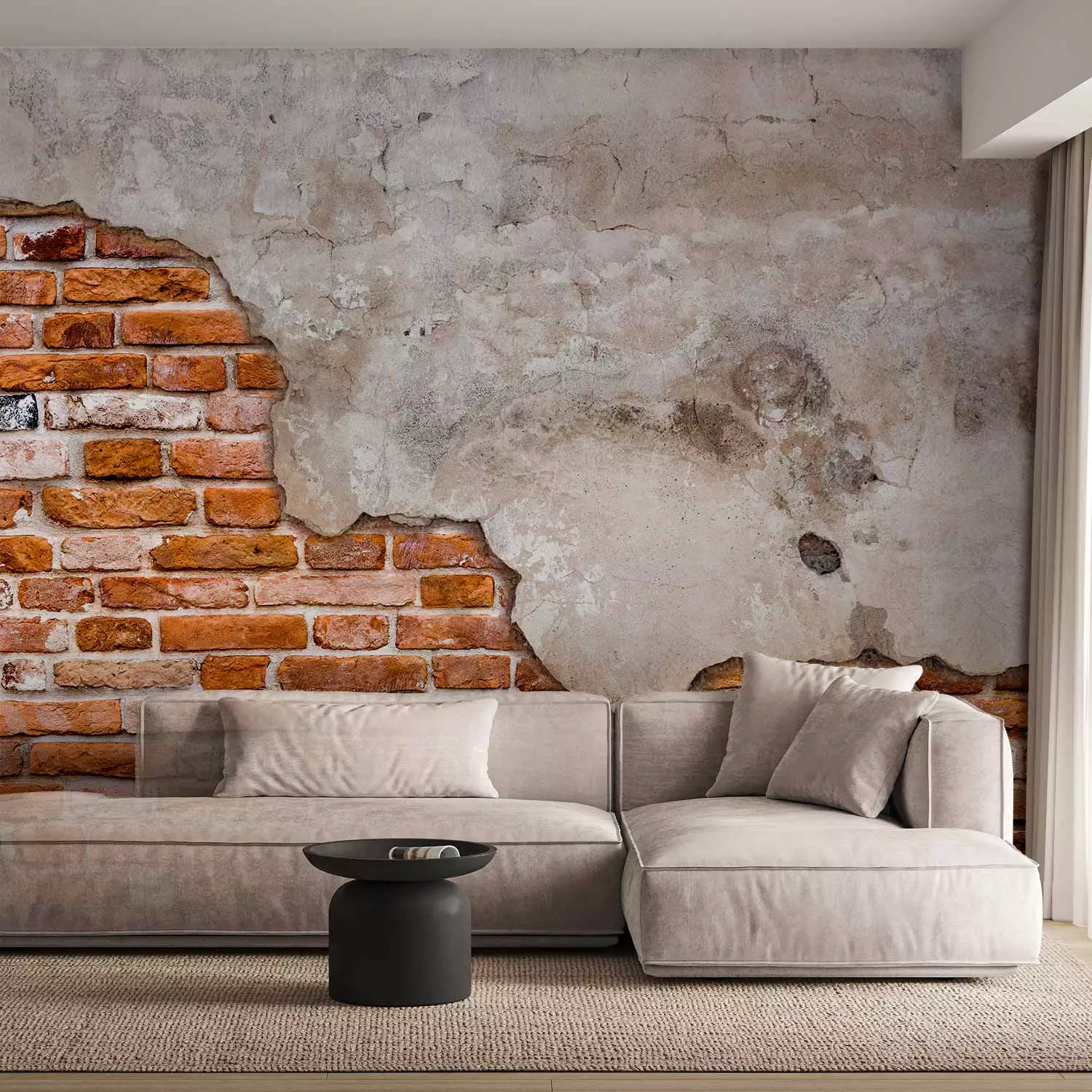 Photo Wallpaper Eclectic masonry - slabs of textured concrete on a background of red bricks