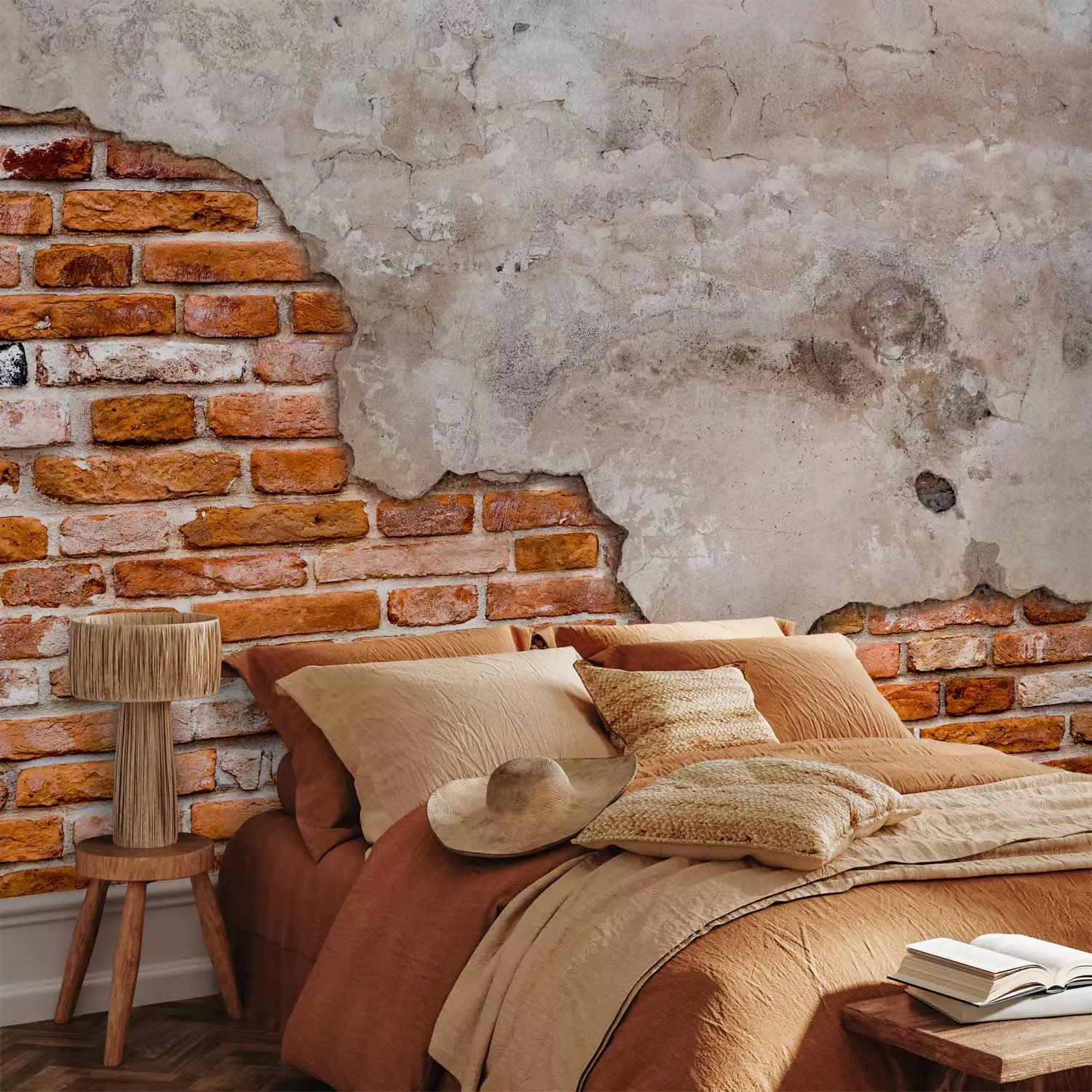 Wall Mural Eclectic masonry slabs of textured concrete on a background of red bricks bimago